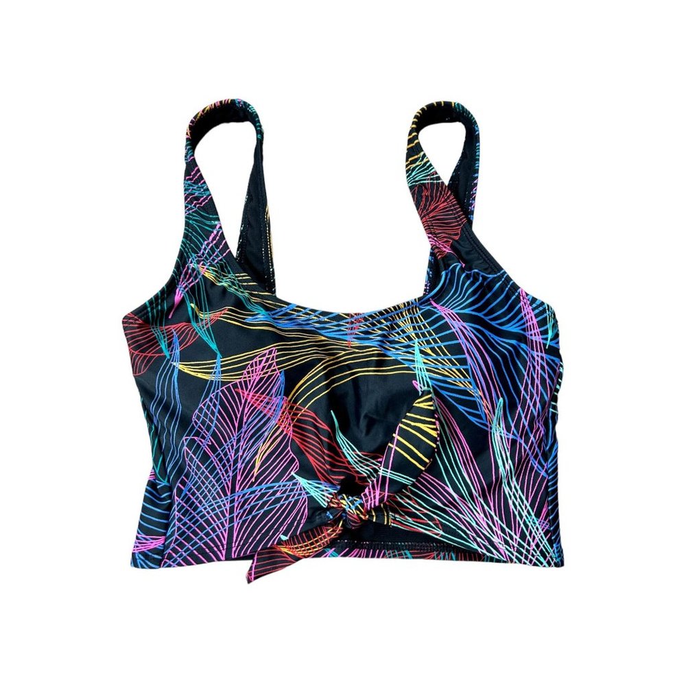 SandFlower Neon Tropical Faux Tie Crop Swim Top